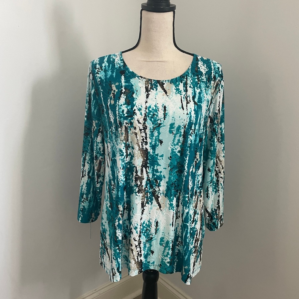 JM Collection Teal Abstract Print Blouse sz Large Textured Long Sleeve Artsy 90s